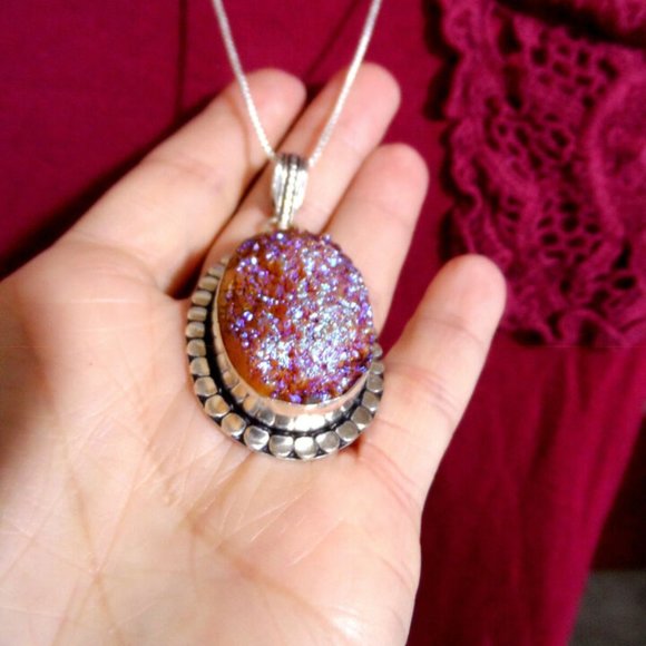 New PINK GOLD QUARTZ Crystal Charm Pendant & 28" Necklace Set 925 Silver Scallop - Picture 5 of 6